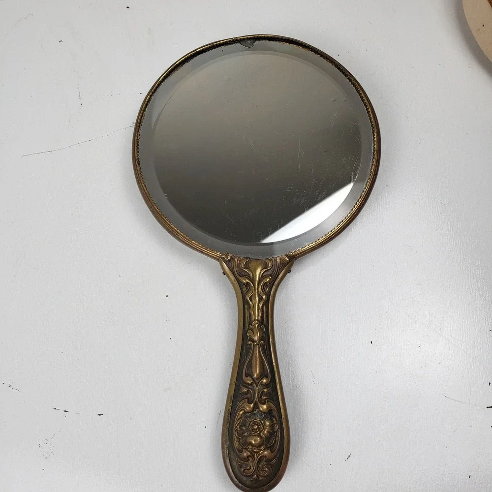 Vintage Victorian Style Hand Mirror Ornate Brass Porcelain Lady Red Cape Beveled